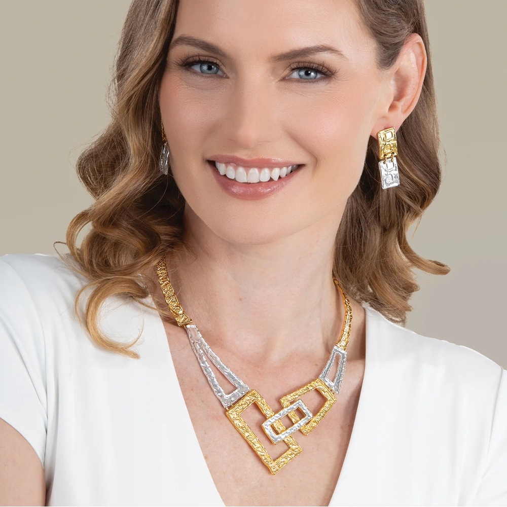Gold and Silver Geometric Art Deco Clip-On Earrings - Picture 7 of 9